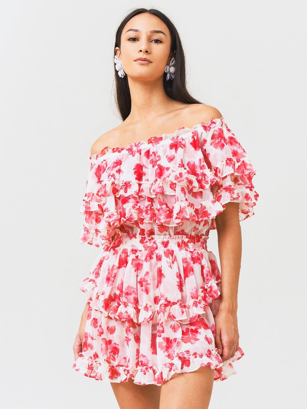 MISA Isella Dress Off-Shoulder Red Floral Ruffle Mini Dress - #300